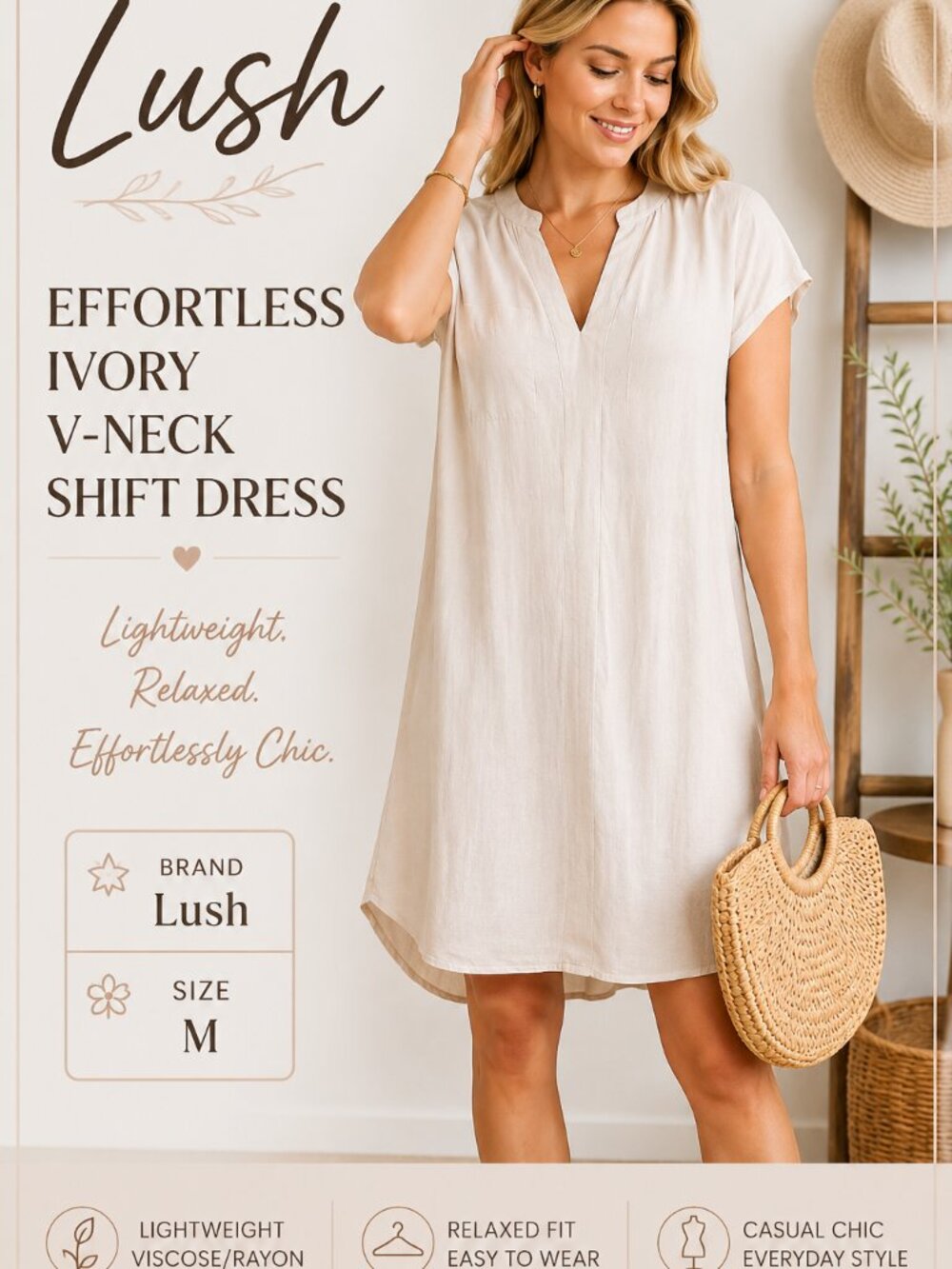 GUC Effortless Ivory V-Neck Shift Dress – Relaxed Fit, Lightweight, Casual Chic